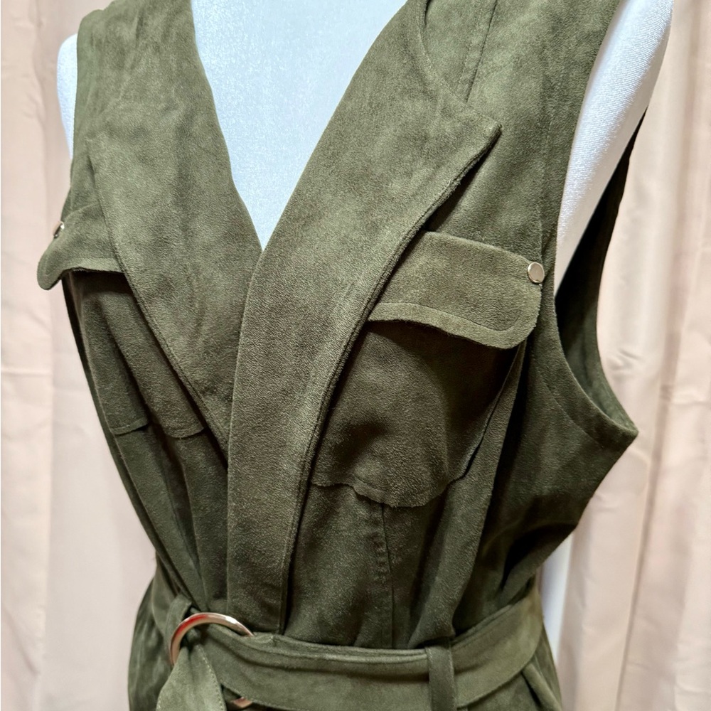 Chico's Olive Green Faux Suede Belted Longline Duster Vest - Size 2/Large - EUC - Picture 4 of 14
